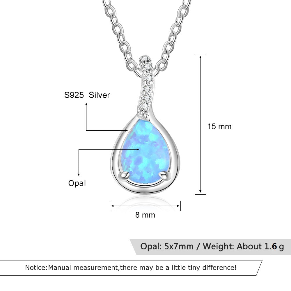 Planderful Jewelry Sterling Silver Opal Necklace With Blue Water Drop Pendant for Everyday Elegance