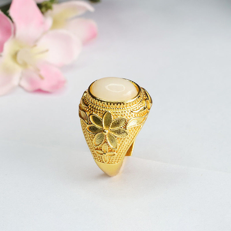 White Jade Flower Pattern Ring for Men's and Women's Luxury Jewelry