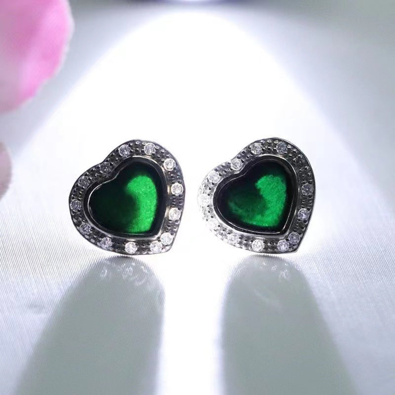 Dark Jadeite Heart 925 Silver Stud Earrings