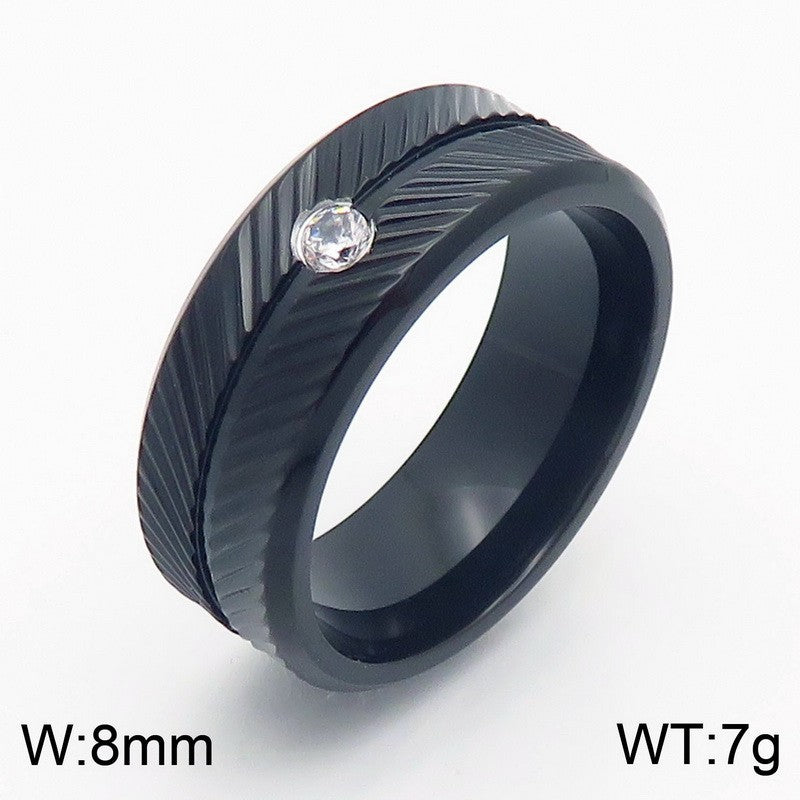 Ring Vacuum Plated Zircon Feather Round Stainless Steel Men's Ring