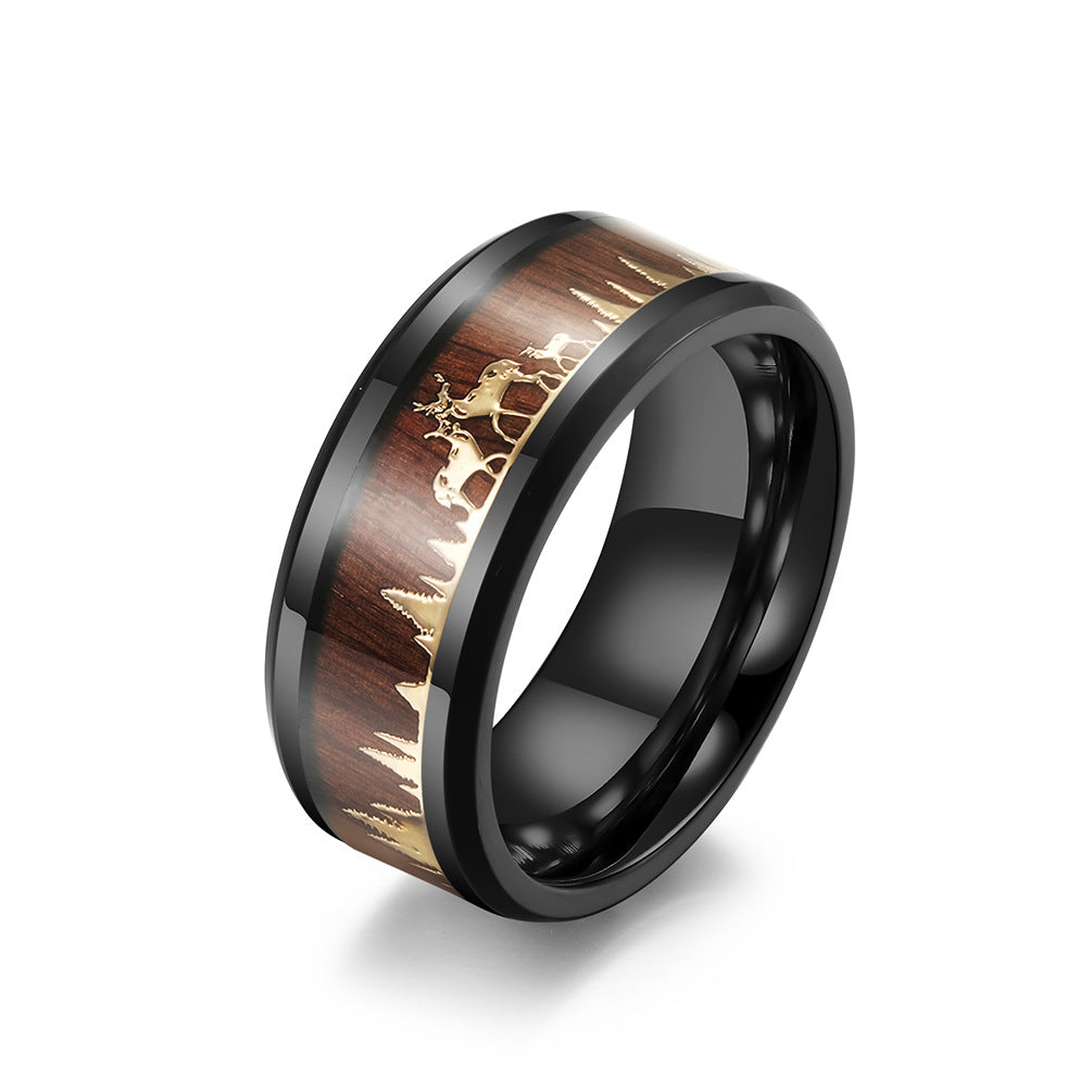Amazon Elk Herd Inlaid Wooden Leather Stainless Steel Ring