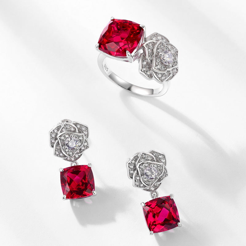 S925 Sterling Silver Lab-Grown Ruby Rose Stud Earrings
