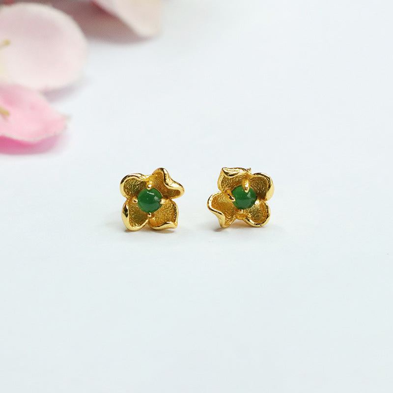 Icy Green Jadeite Flower 925 Silver Stud Earrings