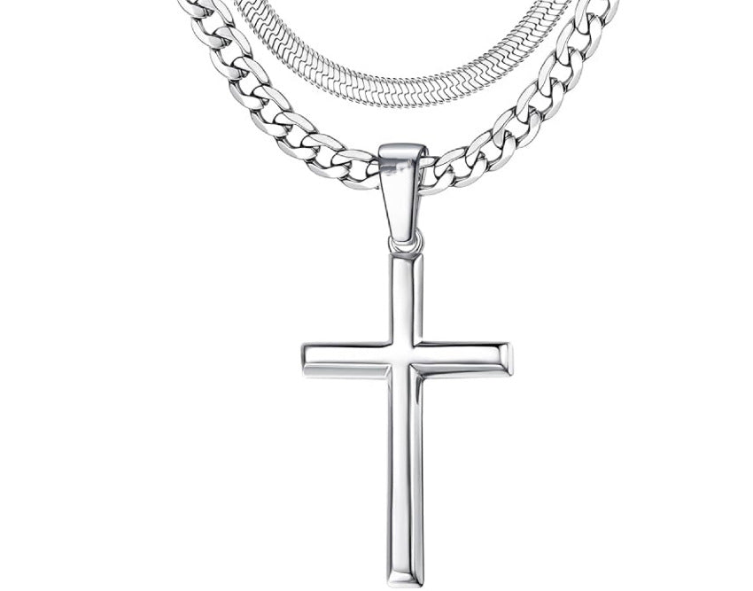 1. Planderful Cross Pendant Necklace Titanium Steel For Men Cuban Chain Double Layer Hip Hop Style Gift