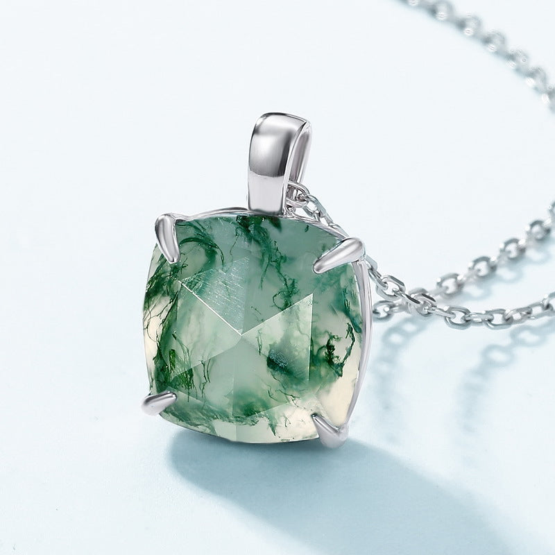 S925 Sterling Silver Moss Agate Pendant Necklace