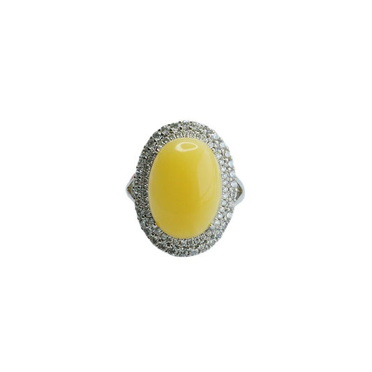 Golden Zircon Honey Wax Ring with Pigeon Egg Amber Halo