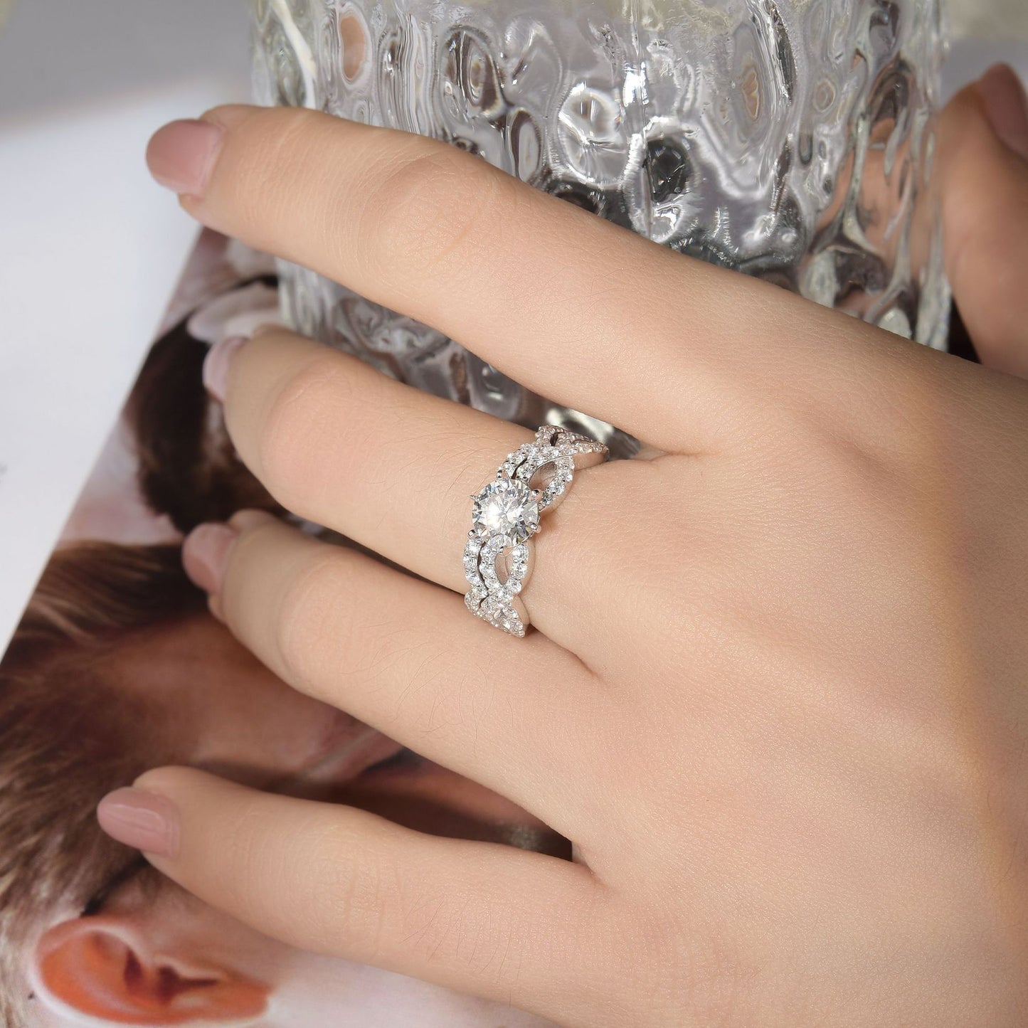 Amazon Hot Sale Round 1 Carat Moissanite Set Ring Ladies Engagement Ring