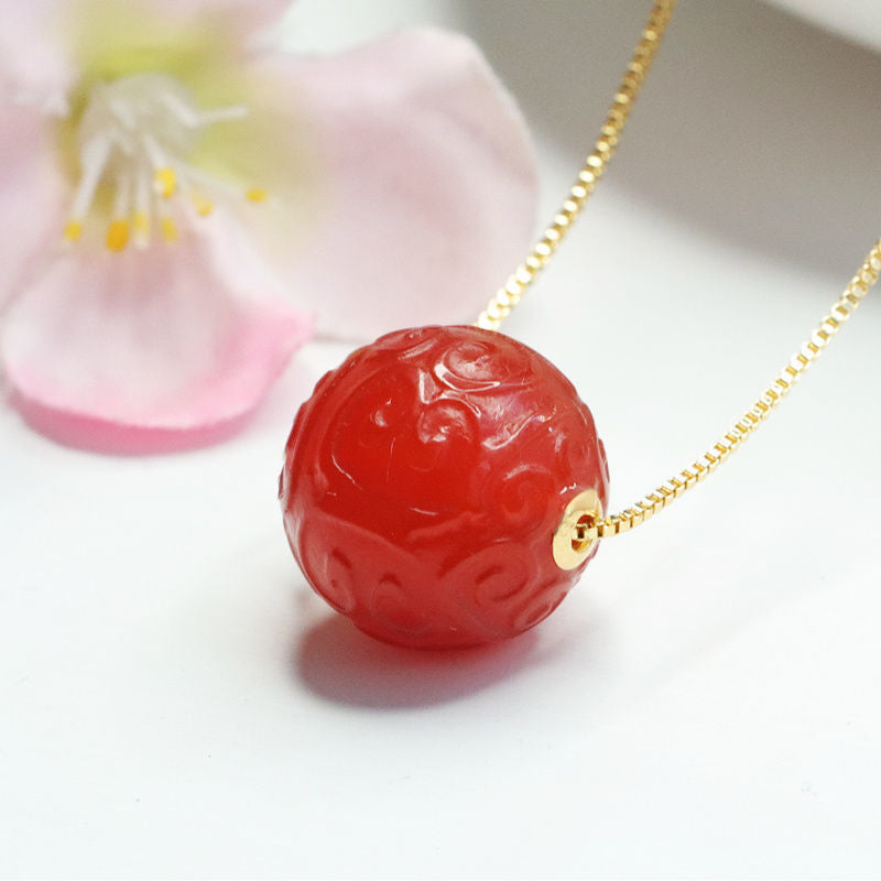 Natural Red Agate Auspicious Cloudscape Pattern Round Beads Pendant Golden Necklace Jewelry