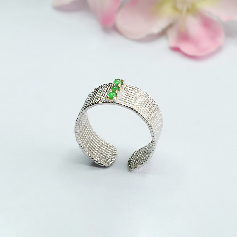 Imperial Green Jade Sterling Silver Wide Band Ring