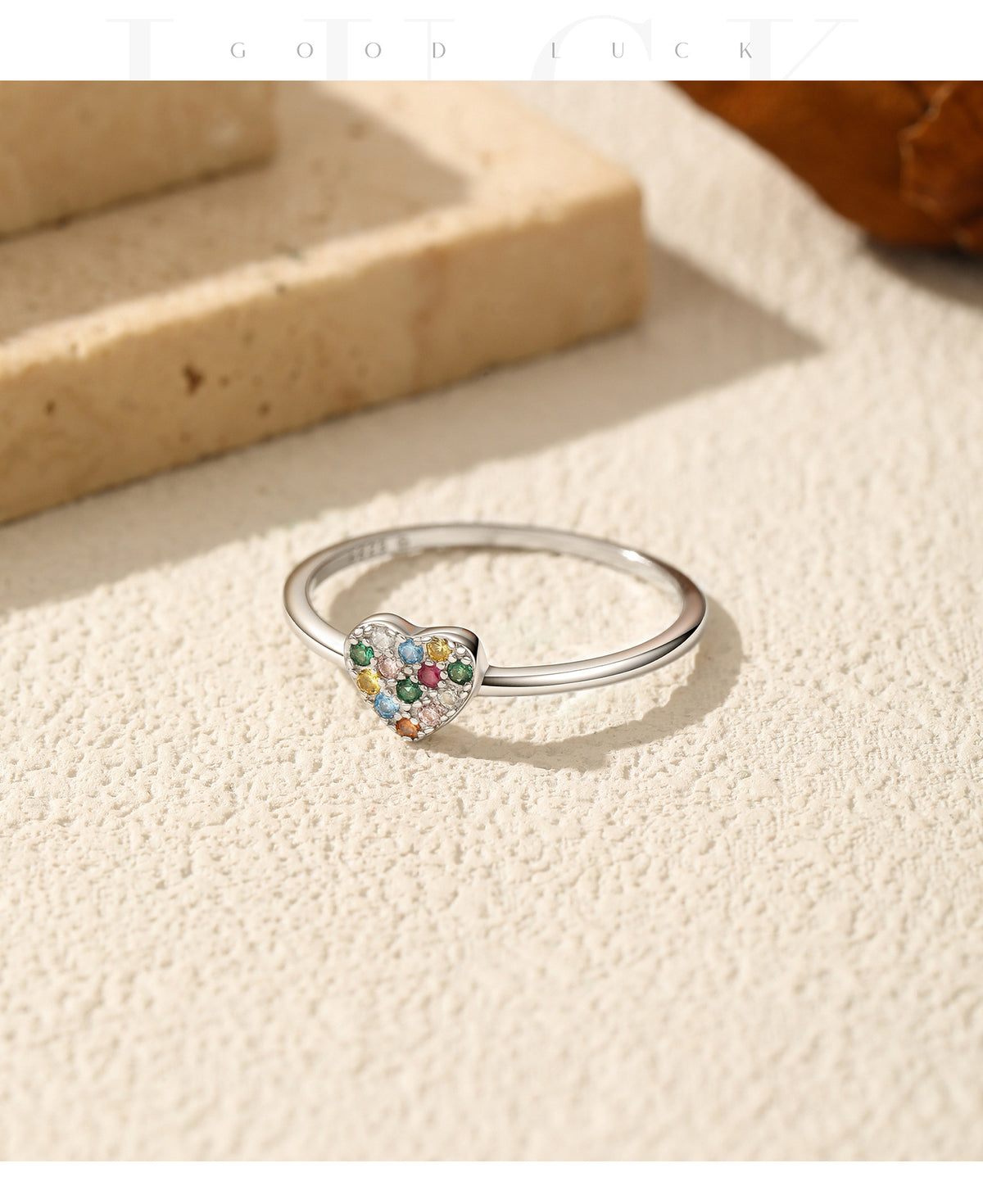 925 Sterling Silver Bow Heart Rainbow Zircon Ring