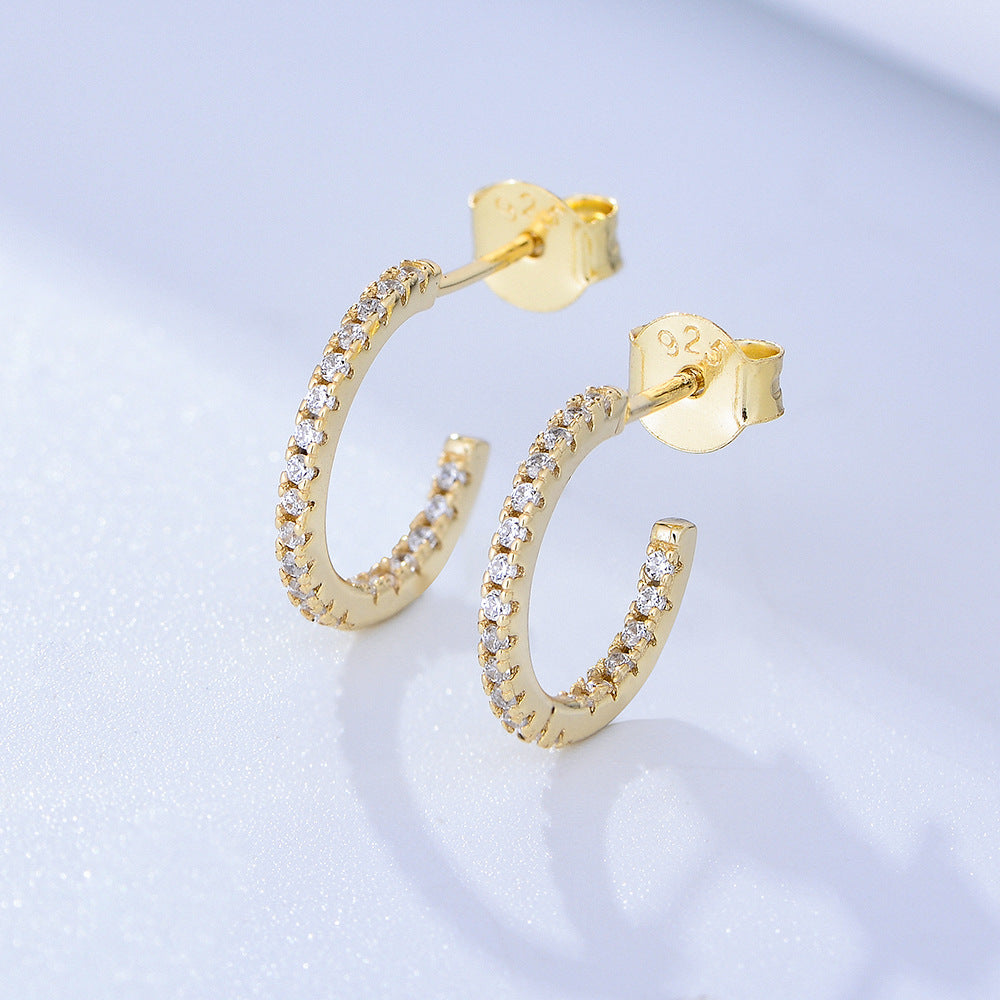 S925 Sterling Silver Slightly Inlaid Colored Zircon C-Shaped Earrings,