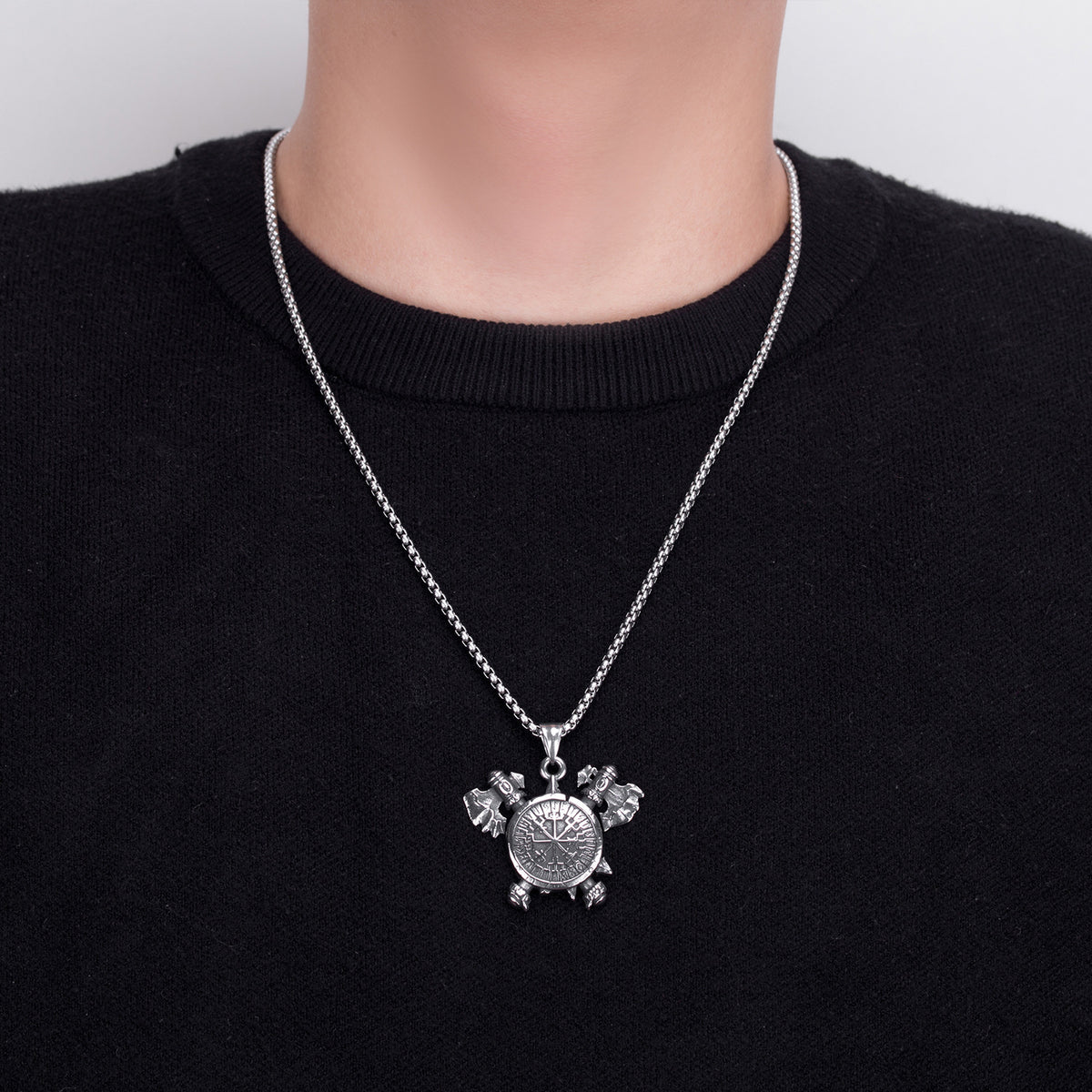 Steel Necklace – Statement Odin Viking Pendant Featuring Runic Shield And Axe Motif