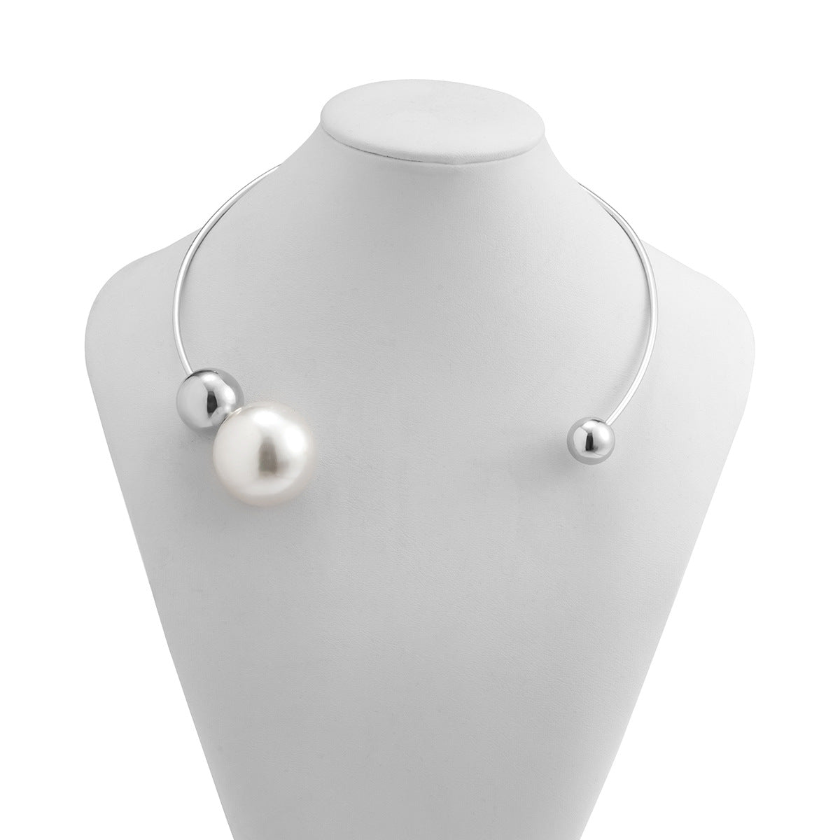 Metal Ring Collar Asymmetric Imitation Pearl Bead Necklace