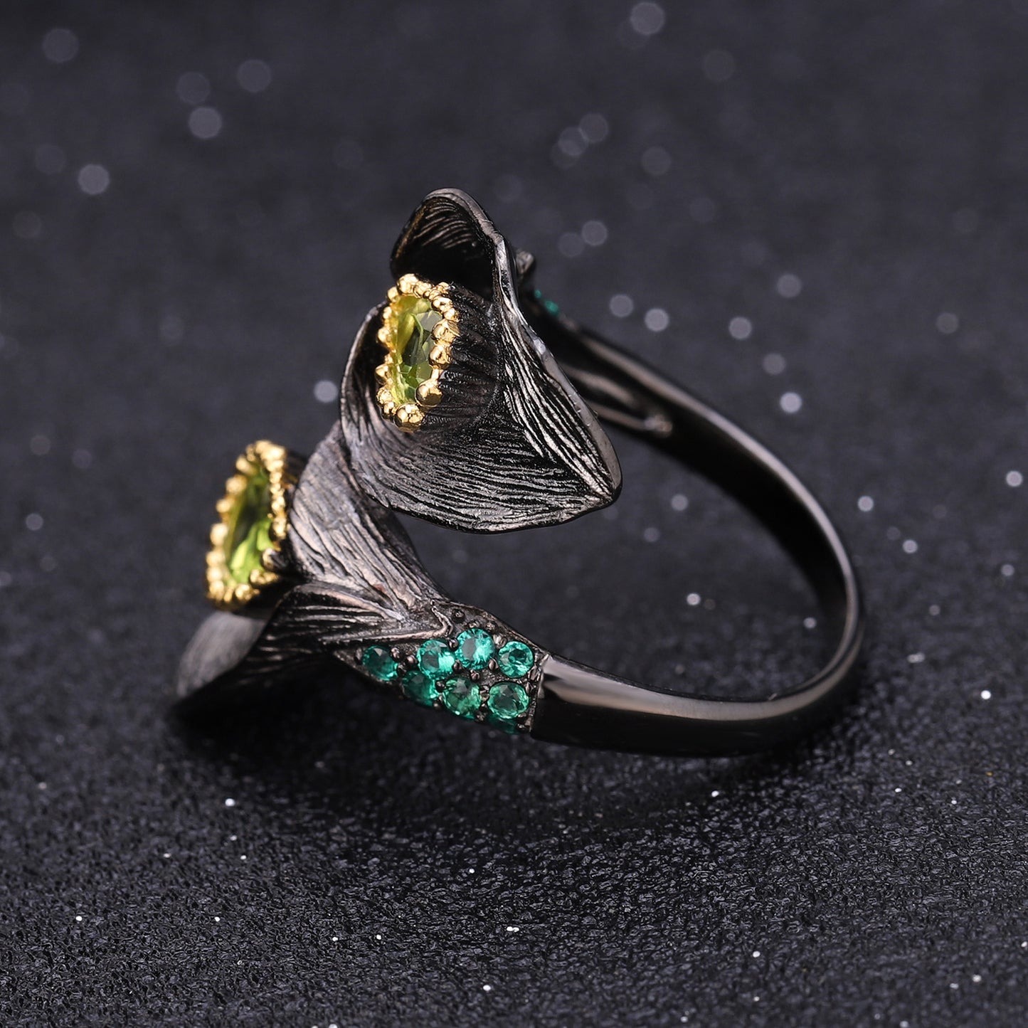 Lily Flower Natural Gemstones Opening Silver Ring