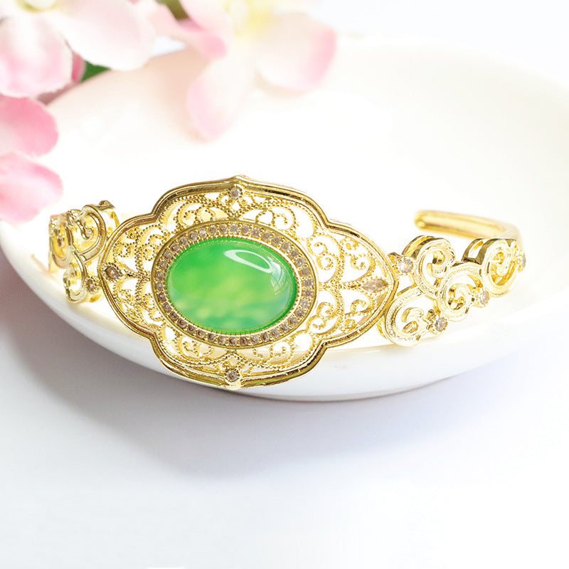 Green Chalcedony Sterling Silver Bracelet with Auspicious Cloud Design