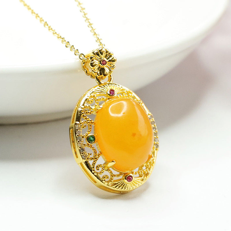 Vintage Zircon Hollow Beeswax Amber Pendant Necklace with Golden Sterling Silver Chain