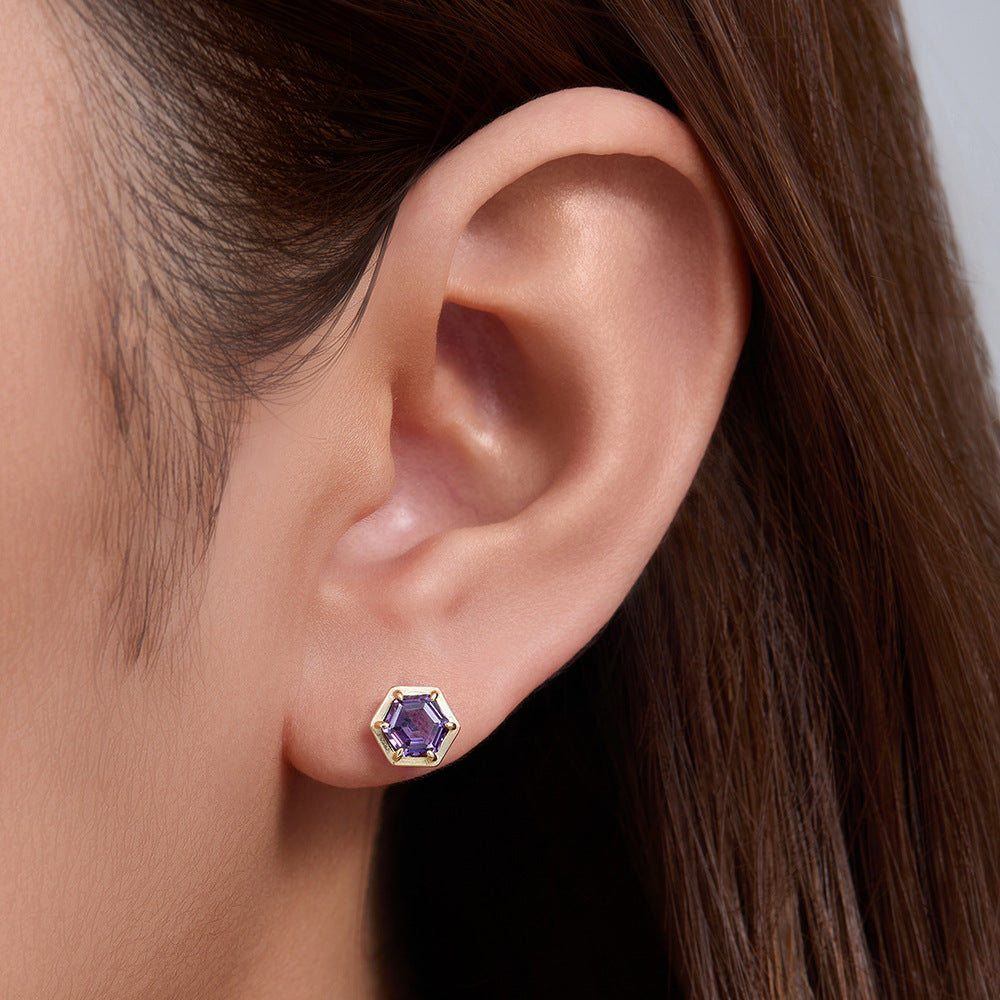 Geometric Hexagonal Amethyst Zircon Sterling Silver Stud Earrings 'S Color