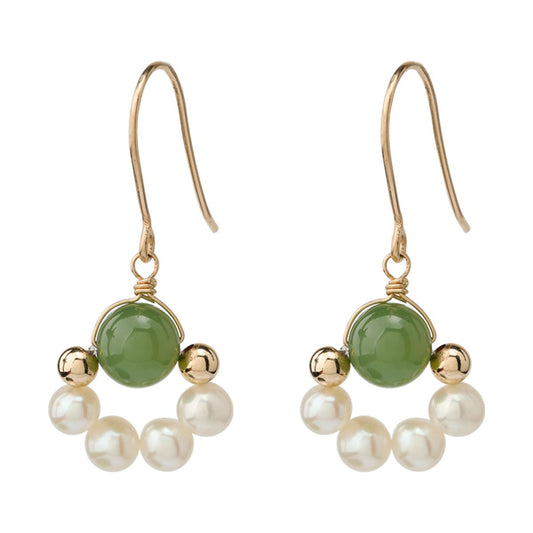 Exquisite Chinese Jade and Pearl Earrings with Sterling Silver Hooks