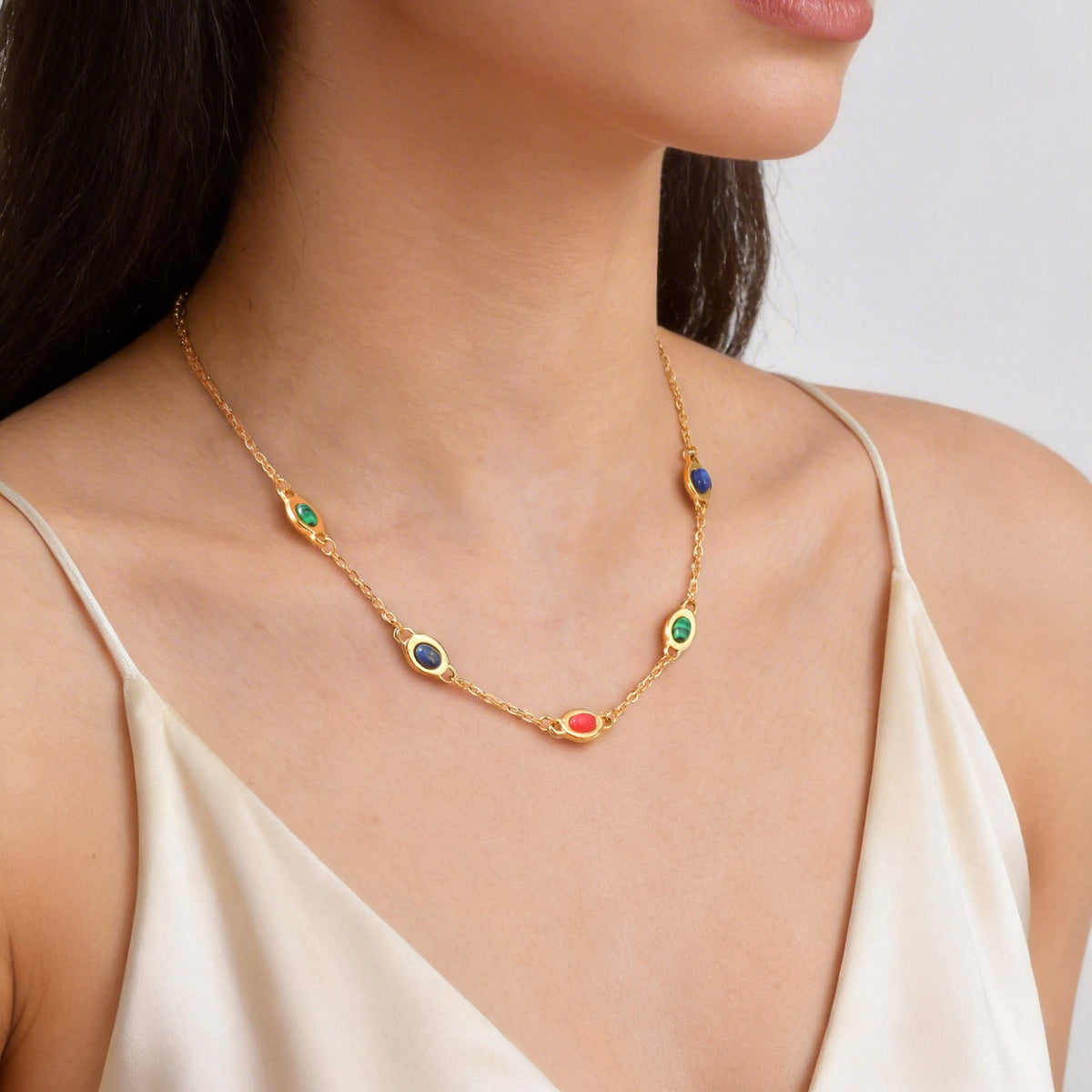 Stainless Steel Women's Colorful Natural Stone Collarbone Chain Necklace