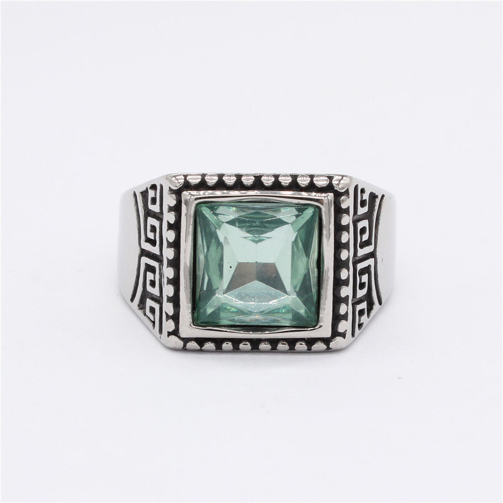 Planderful Titanium Steel Ring With Great Wall Pattern Zircon Unisex Bold Retro European American Style Gift