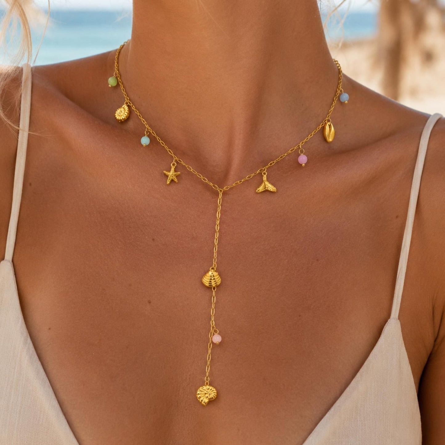 Ladies Gold Stainless Steel Ocean Natural Stone Y-Shaped Necklace Stacked Daily Gift