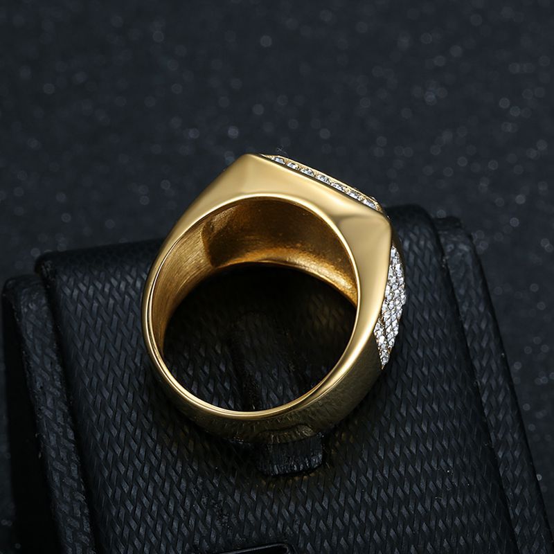 Planderful Hip Hop Ring For Men Titanium Steel Gold Plated Rhinestone Square Boss Letter Bold Statement Accessory