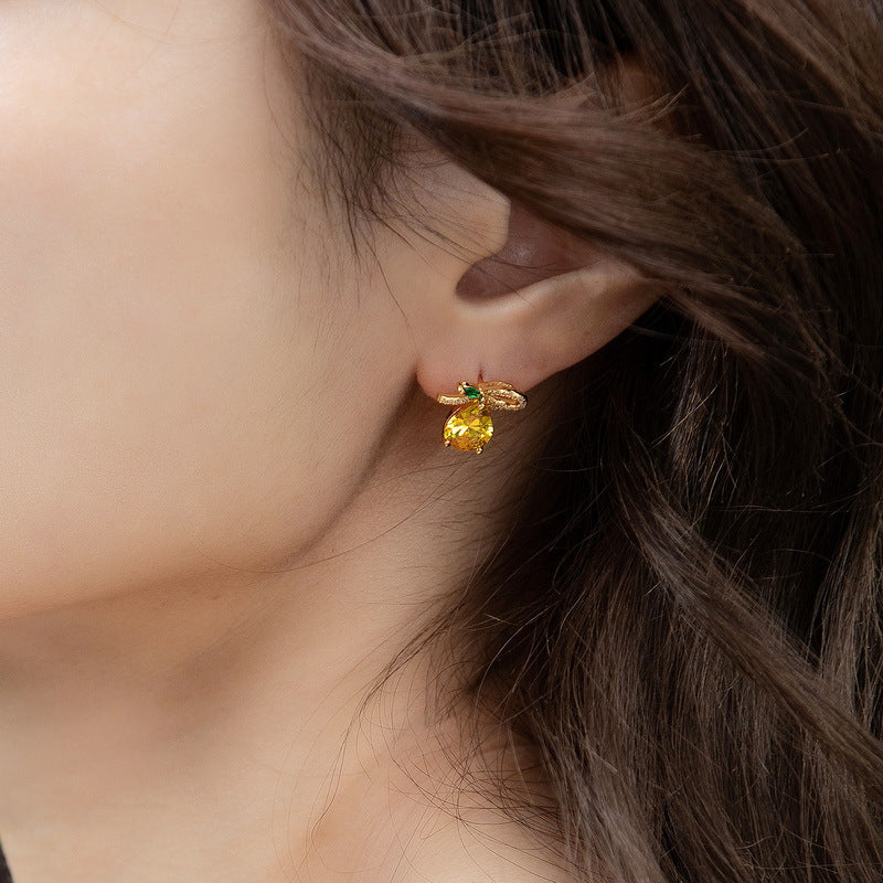 Pear Shape Yellow Crystal Fruit Pear Sterling Silver Stud Earrings