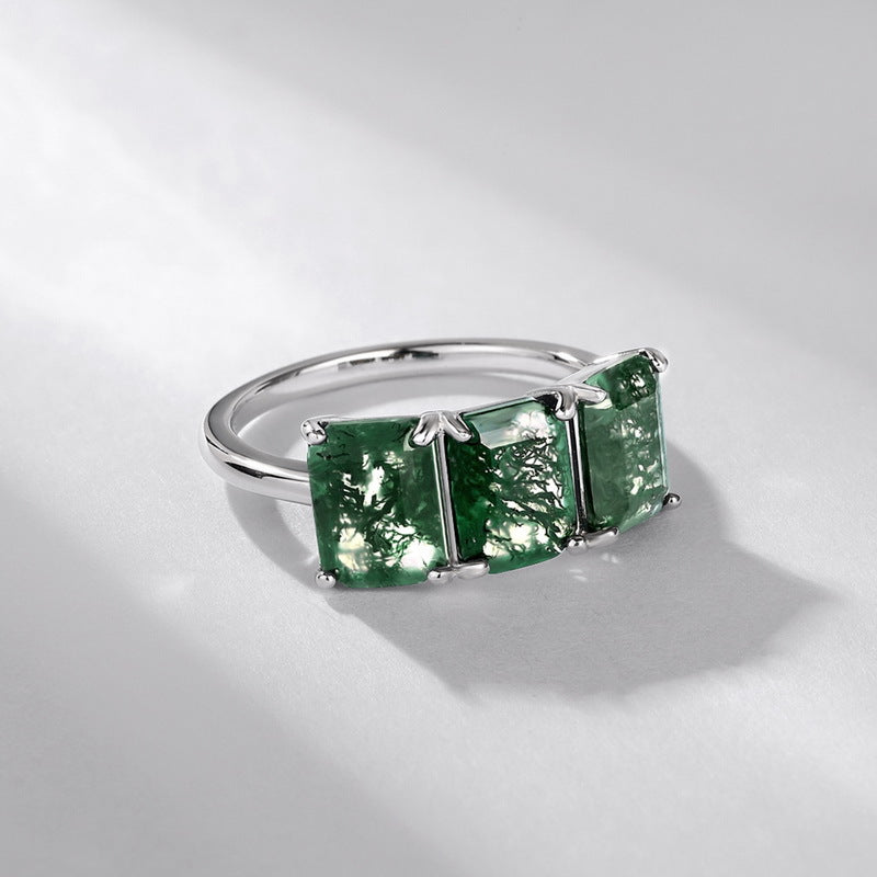 S925 Sterling Silver Moss Agate Single-Row Ring
