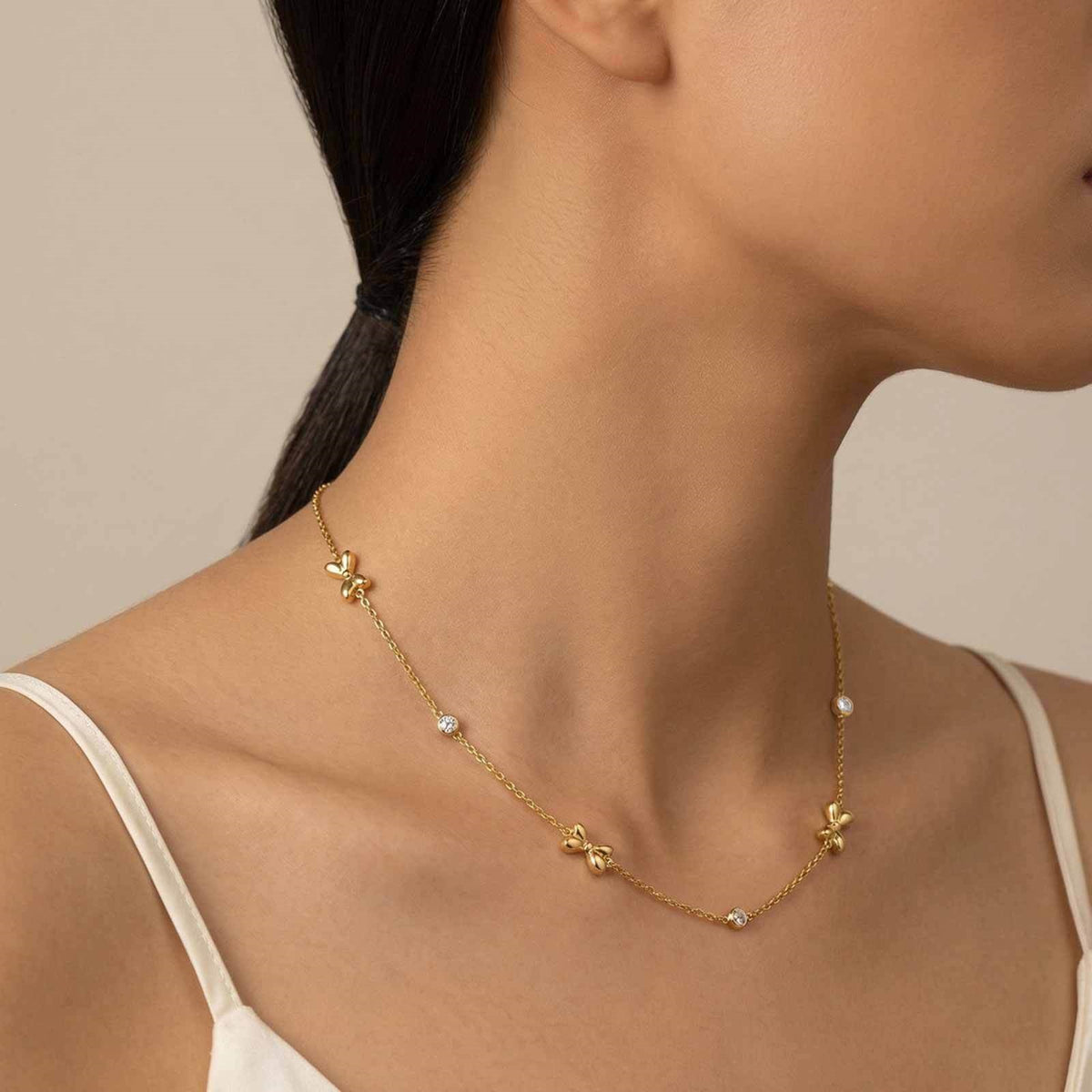 Style Stainless Steel Flat Cross Chain Bow Zircon Exquisite Women's Collarbone Chain Necklace