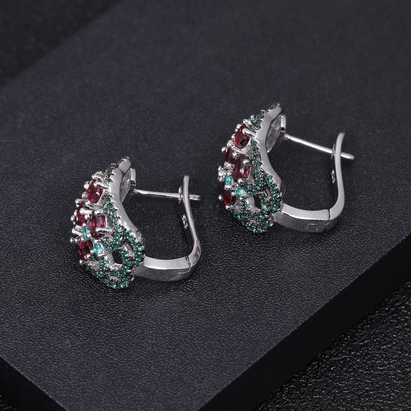 Luxury Hollow Wide Surface Design Natural Gemstone Silver Stud Earrings