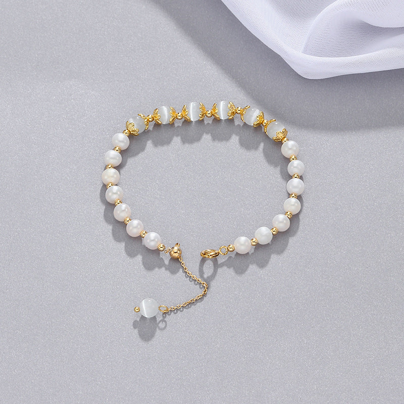 Opal and Freshwater Pearl Sterling Silver Bracelet for Women with Slip Buckle