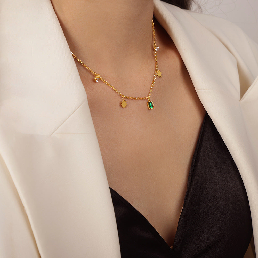 Elegant Zircon Pendant Necklace in Titanium Steel with Gold Plating, Exquisite Jewelry Piece for Women