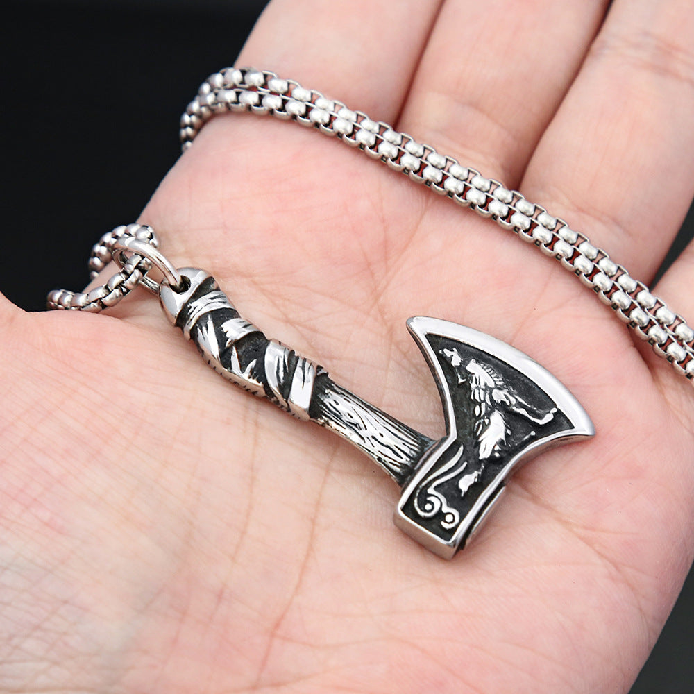 Boys Stainless Steel Necklace Viking Celtic Wolf Axe Pendant