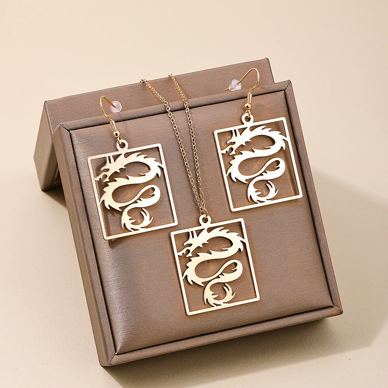 Chinese Dragon Design Women's Necklace and Earrings Set with Zodiac Pendant