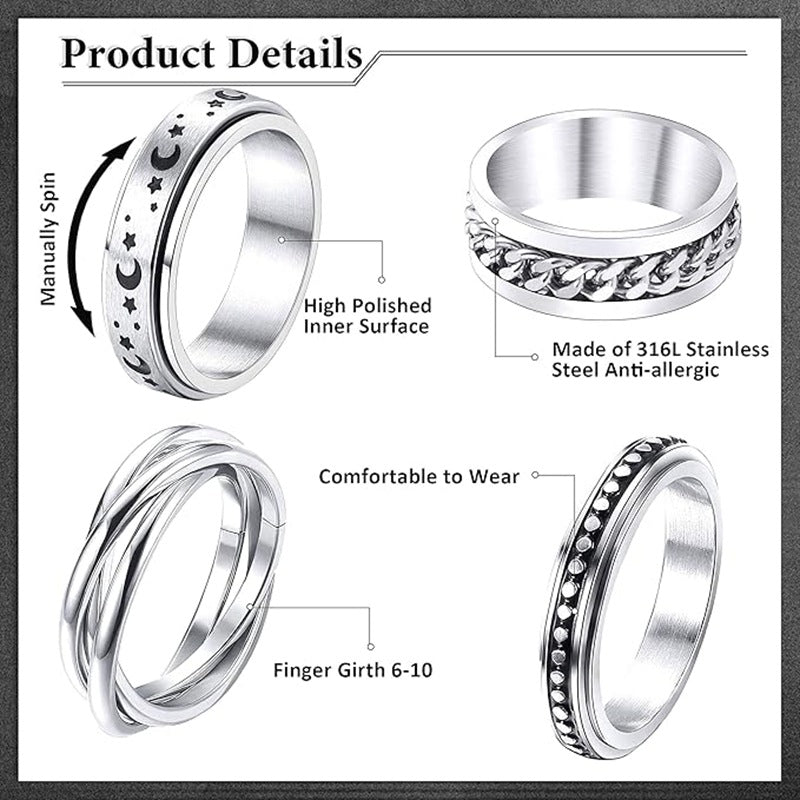Planderful Collection Everyday Genie Minimalist Stainless Steel Rotating Ring Set For Men And Women