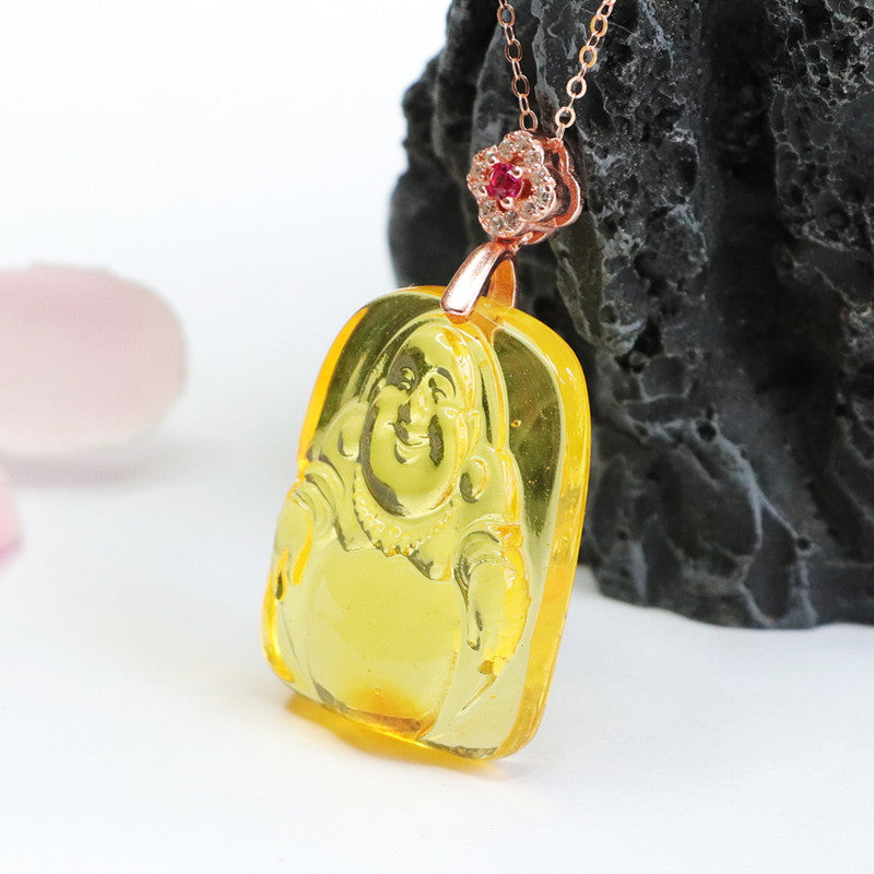 Buddha Amber Necklace with Rose Gold Accent