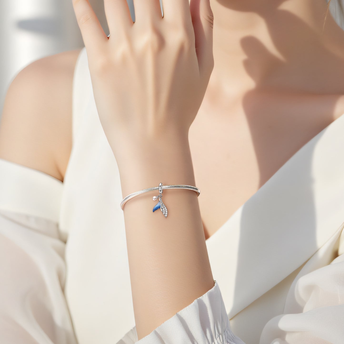 Planderful Jewelry Sterling Silver Pearl Mermaid Tail Pendant Necklace With Zircon Inlay