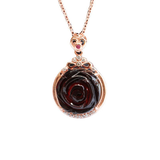 Natural Amber Rose Gold Necklace with Sterling Silver Pendant