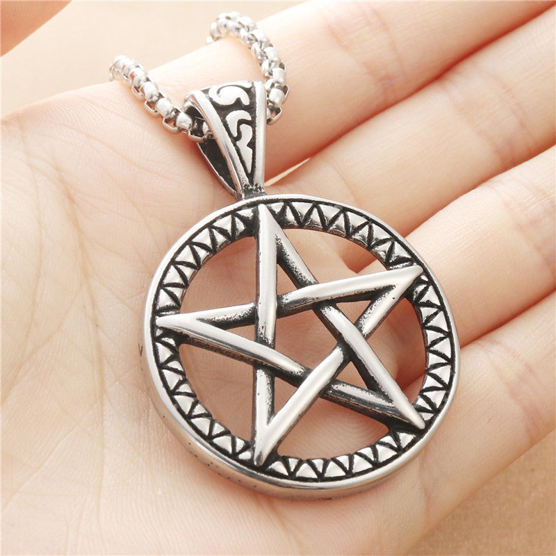 Titanium Steel Retro Pentagram Necklace for Men - Trendy Punk Pendant by Planderful