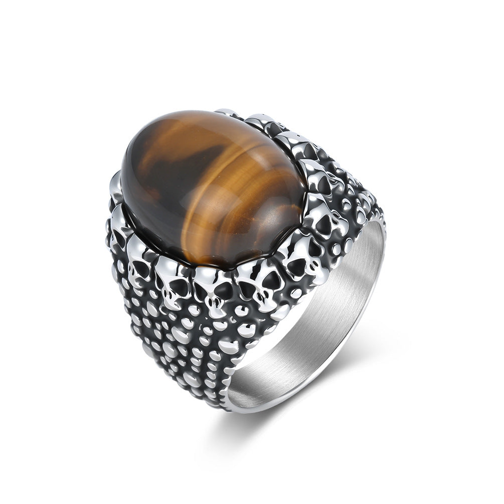 Punk Skull Tiger Eye Stone Stainless Steel Ring Men's Dark Street