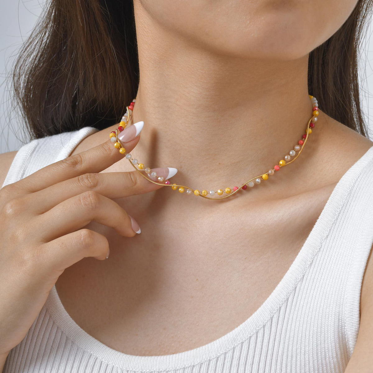 Stainless Steel Round Snake Chain Red & Yellow Mixed Color Glass Section Beaded Necklace