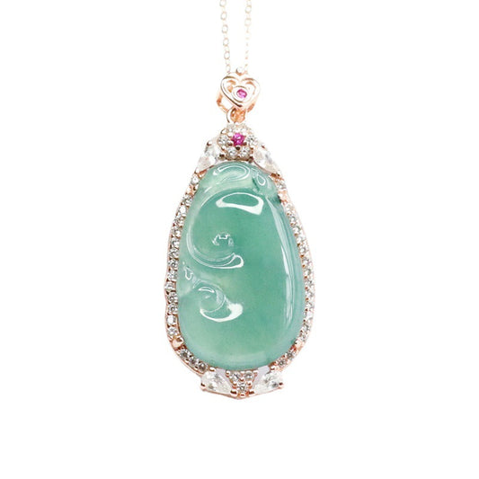 Ice Blue Green Ruyi Sterling Silver Necklace with Natural Jade