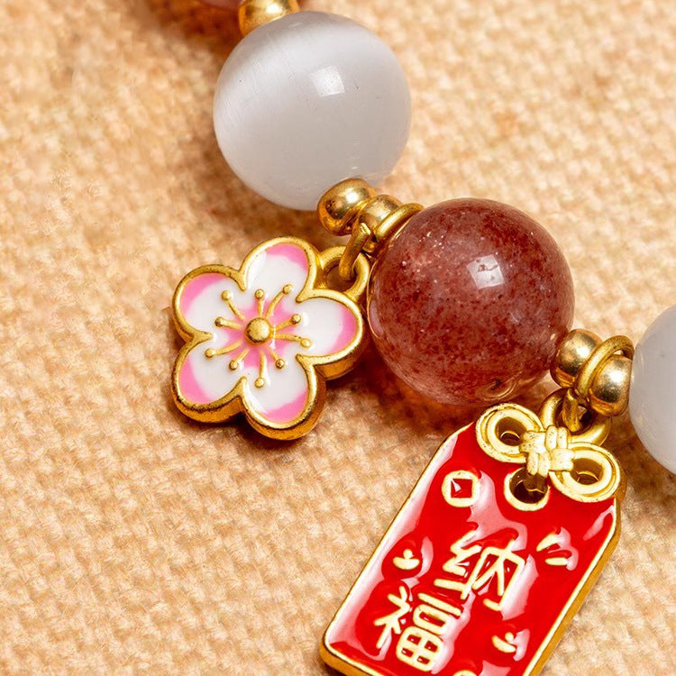 Charm Bracelet with Natural Strawberry Crystal Opal and Sterling Silver - Chinese Style Women's Gift