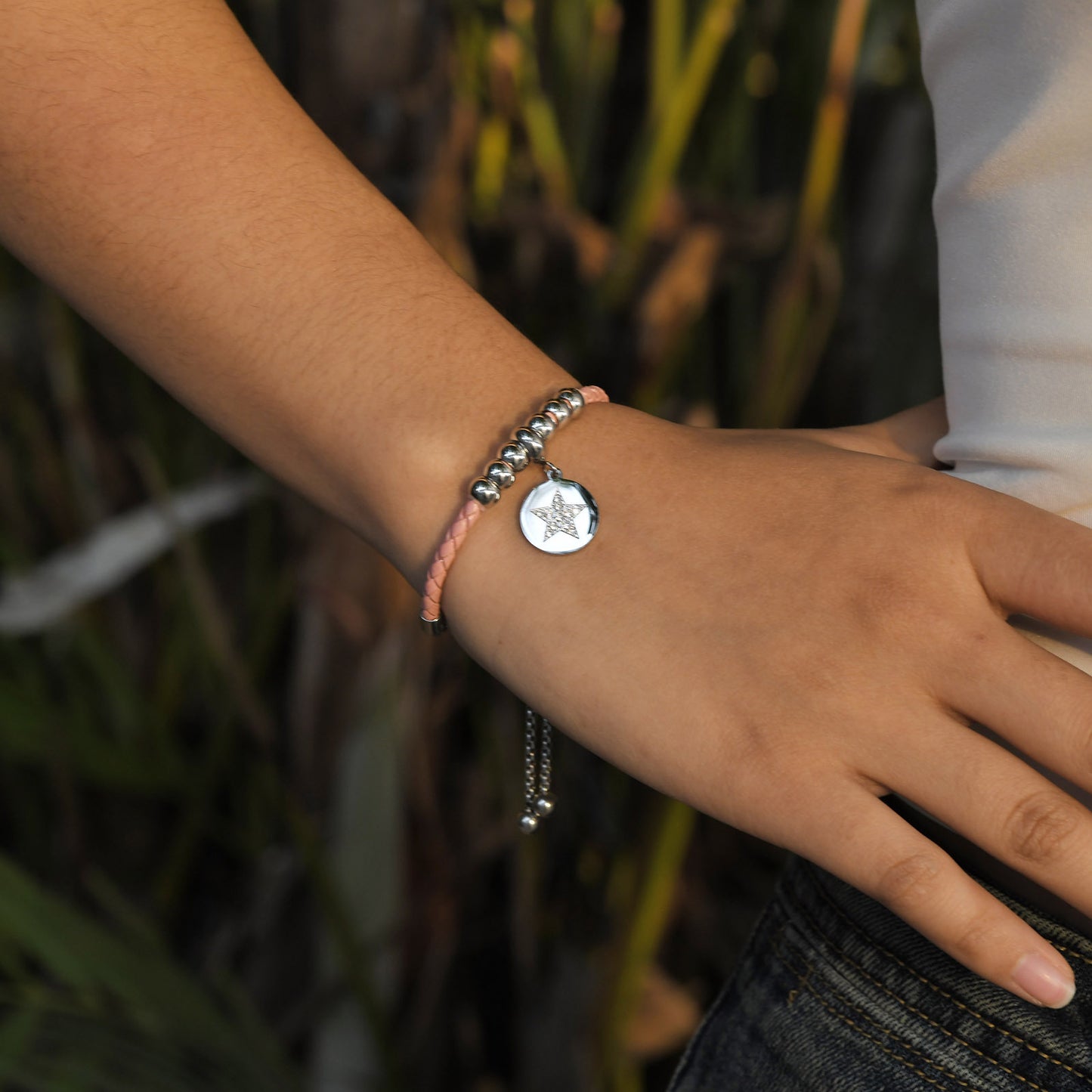 Stainless Steel Leather Inlaid Zircon Star Adjustable Bracelet