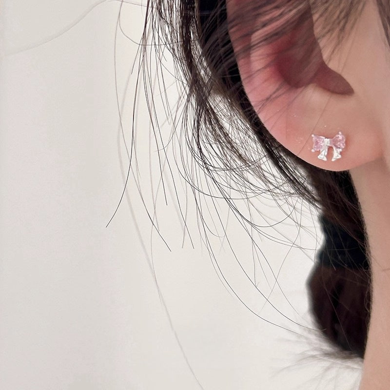 Planderful 925 Sterling Silver Bow Stud Earrings For Women With Pink Zircon Exquisite High End Jewelry