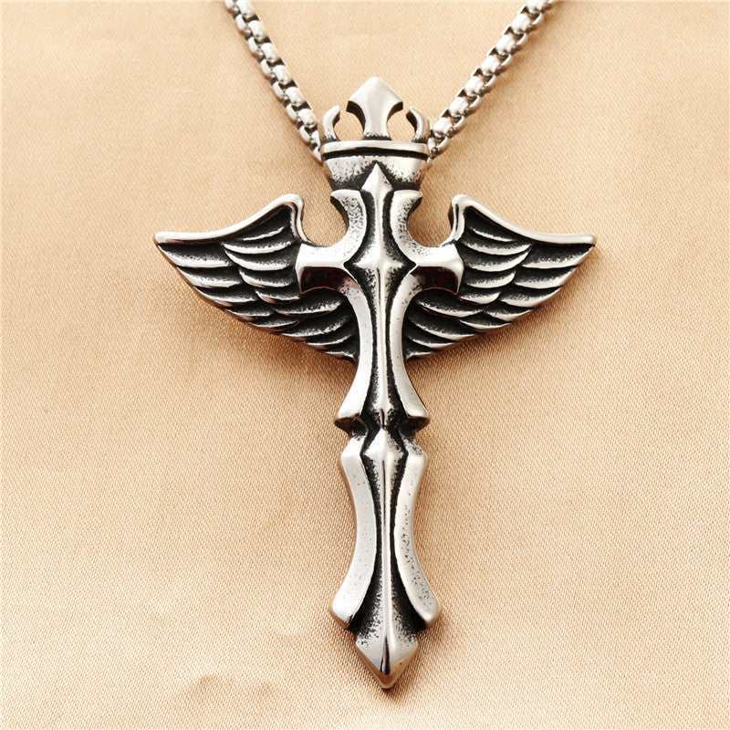 Titanium Steel Cross Pendant Necklace - Personalized Retro Punk Wing Design for Men