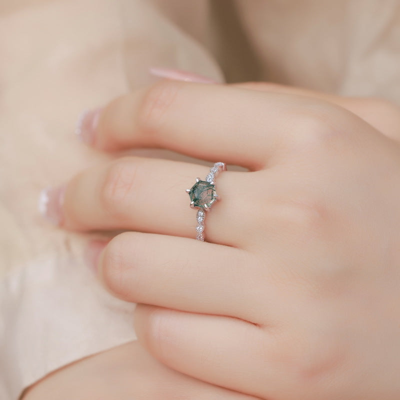 Planderful Jewelry Hexagonal Sterling Silver Agate Ring Inspired By Geometric Minimalism For Everyday Luxury