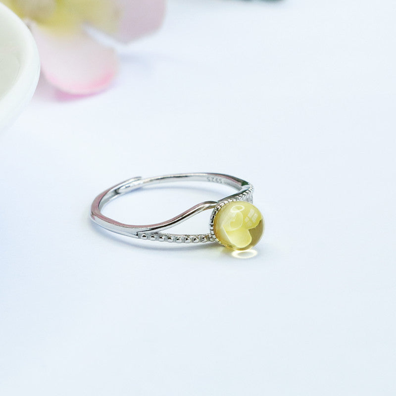 Amber Rose Sterling Silver Ring with Beeswax Amber Accent