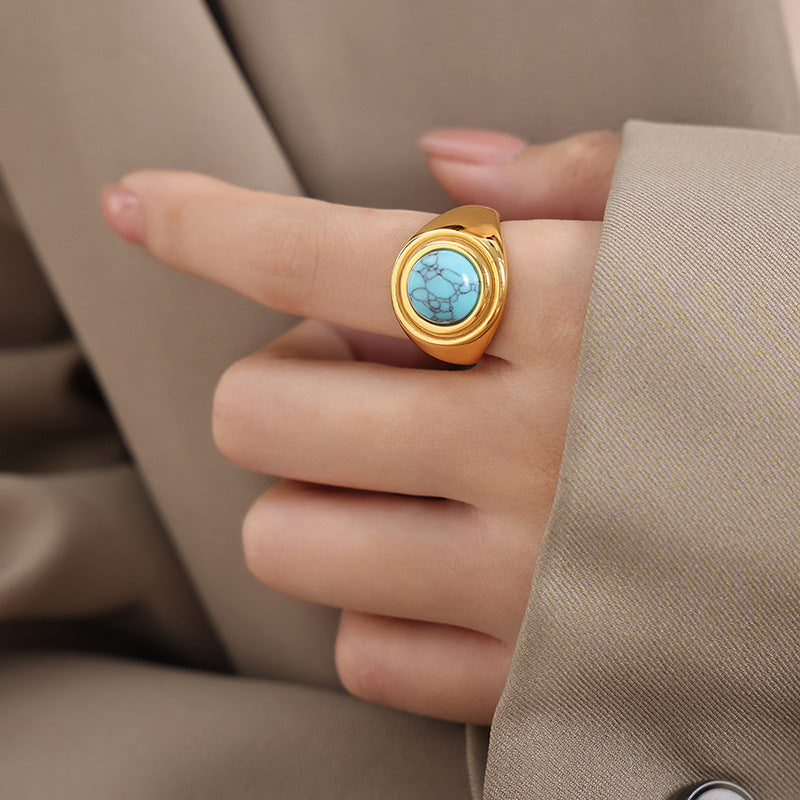 Luxury Tiger's Eye and Blue Turquoise Titanium Steel Couple Ring