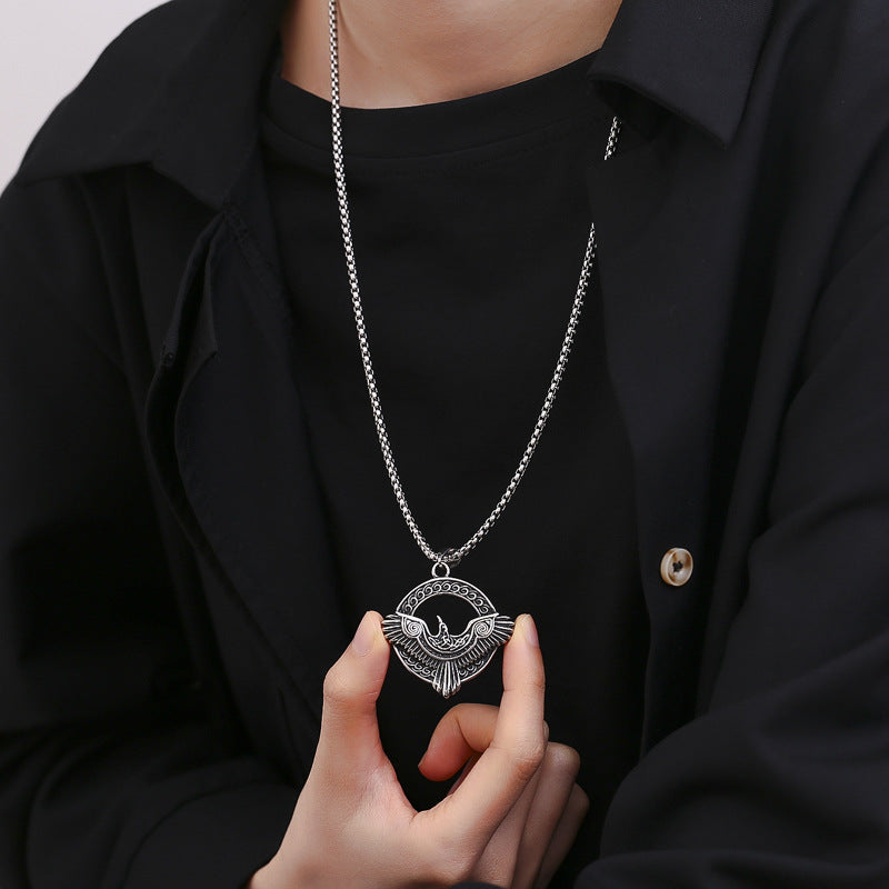 Steel Necklace - Vintage Nordic Celtic Viking Crow Pendant For Men With Bold Statement Look